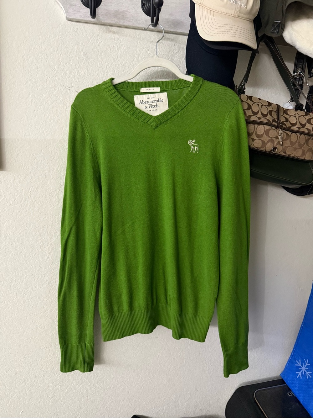 Abercrombie & Fitch Men's Bright Green V-Neck Sweater